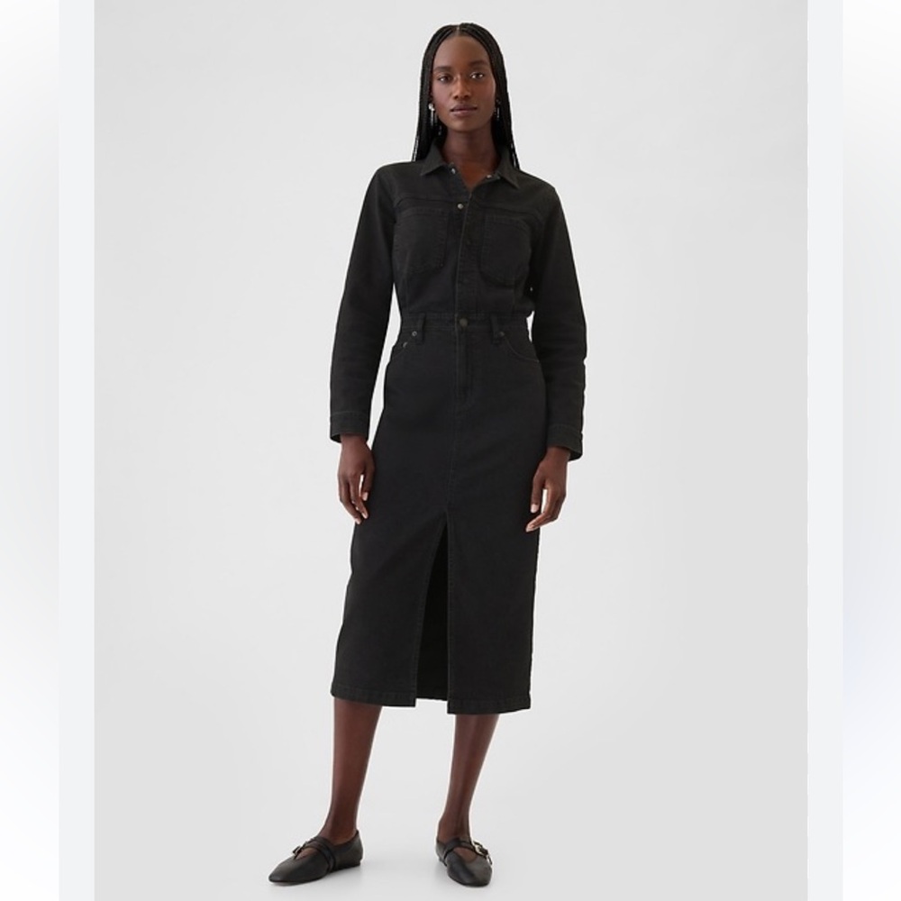 Gap Black Denim Midi Dress Utility Shirt Dress XXS NWT